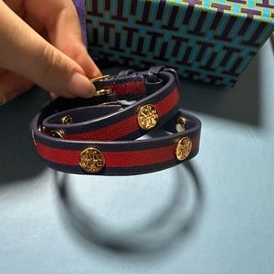 Tory Burch Navy and Red stripe double wrap bracelet with buckle
